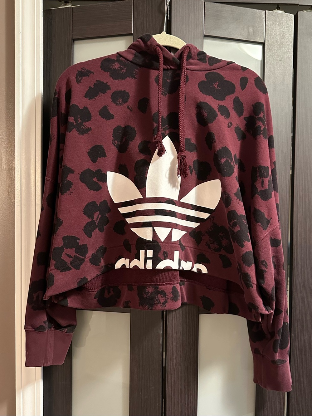 adidas Maroon & Black Leopard Cropped Hoodie with White Trefoil
